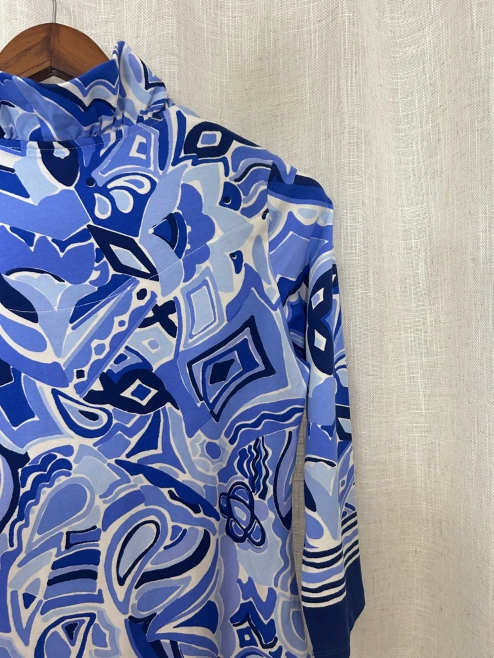 Barbara Erickson Blue Patterned Tunic Ruffle Neck Dress Size Small - Picture 10 of 11